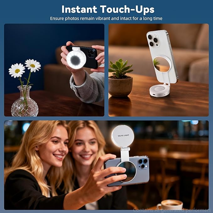Portable Magnetic Led Selfie Light, Rechargeable Portable Ring Light for Phone, Selfie Ring Light with Mirror for Phone Folding Video Makeup Live Vlog Fill Light White - Image 7