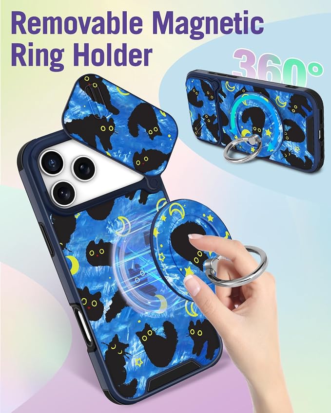 Buleens for iPhone 17 Pro Max Case 6.9 Inch - with Ring Stand & Camera Cover Aesthetic Cute Designed Women Girl Girly Kawaii Blue Cat Stars Phone Case for iPhone 17 Pro Max Compatible with Magsafe - Image 5