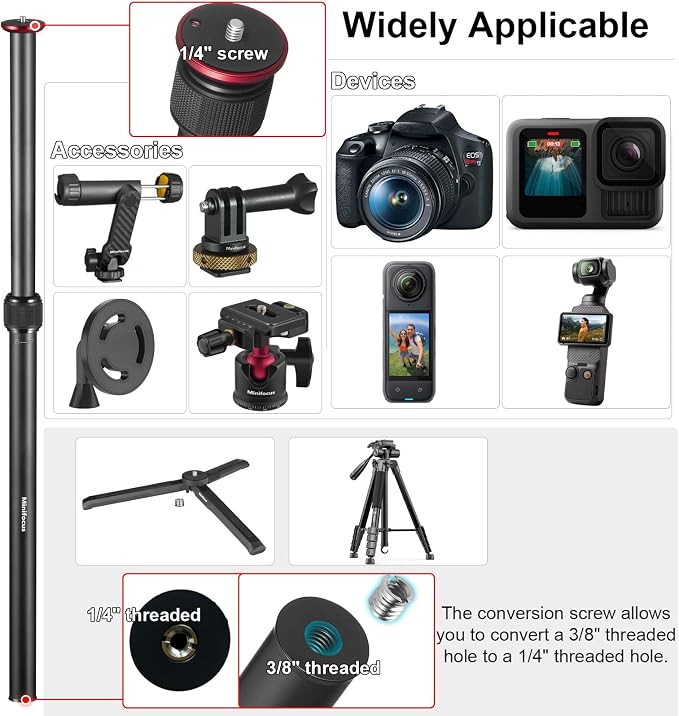 MINIFOCUS Tripod Extension, 2 Section Center Columns, 23.4" Alloy Aluminum Tripod Extender Tube Telescopic Stick Rod/Pole with 1/4" 3/8" Screw, Compatible with Tripods/Gimbal/Camera, Max Load 33lb - Image 4