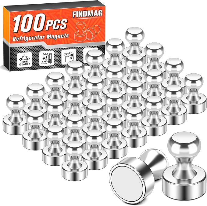 FINDMAG Fridge Magnets, Magnets for Whiteboard, Kitchen, 100 Pack, Silver | Magnetic Push Pins for Photos, Pictures, Refrigerator, Locker, Office Accessories Decorative, Easy to Move by FINDMAG