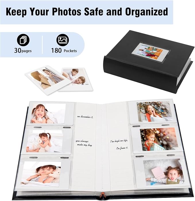 Veicevol 180 Pockets Photo Album for Fujifilm Instax Mini Camera, Black | Photo Album with Writing Space for Polaroid, Leather Cover, Secure Storage, Capture Every Story, Collect Precious Moments - Image 8