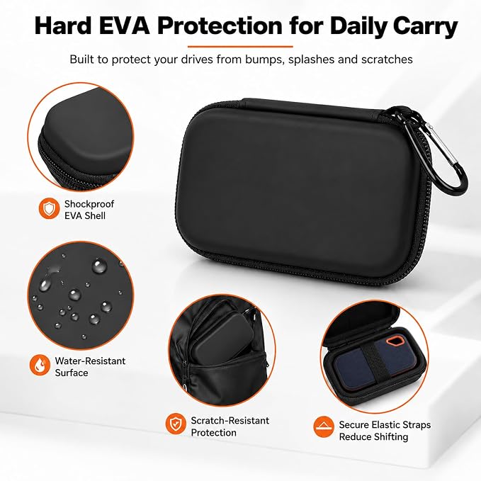 Comecase Dual SSD Case for SanDisk Extreme Portable SSD and Extreme PRO | Holds 2 Drives & 12 SD Cards, Elastic Strap Fit 500GB/1TB/2TB/4TB/8TB, Cable Groove and Carabiner for Travel, Black,Case Only - Image 4