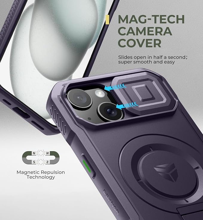 Dexnor for iPhone 15 Case with Slide Camera Cover & Adjustable Kickstand, Compatible with MagSafe, Rugged Shockproof Bumper Cases Heavy-Duty Magnetic Protective Cover,6.1 inch,Phantom Purple - Image 4