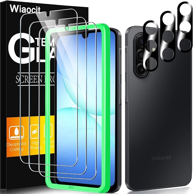 Wiaocit Tempered Glass Screen Protector for Samsung Galaxy A17 5G | 3+3 Pack, 9H Hardness, Camera Lens Protector, Installation Frame, Bubble Free, Case Friendly by Wiaocit