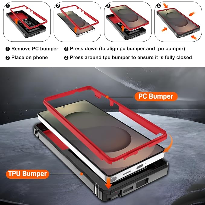 Gritup Fit for Samsung Galaxy S25 Ultra Case with Slide Camera Cover | 2 Pcs Screen Protector, Build in 360° Rotating Ring Kickstand, Military Grade Protective Phone Case, Red+Black - Image 4