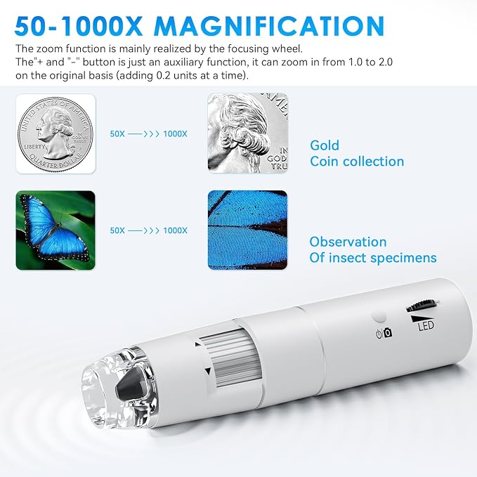 Wireless Digital Microscope, Skybasic 50X-1000X Magnification WiFi Pocket Handheld Microscopes with Stand HD USB Microscope Camera Compatible with iPhone Android iPad Windows Mac Computer (White) - Image 6