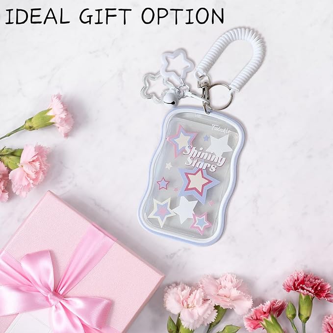 2 Pieces Creative Lucky Stars Photocard Holder Keychain Protective Sleeves - Transparent Cover Case for Bus Card, Student ID, and Photo Display (Black, White) - Image 6
