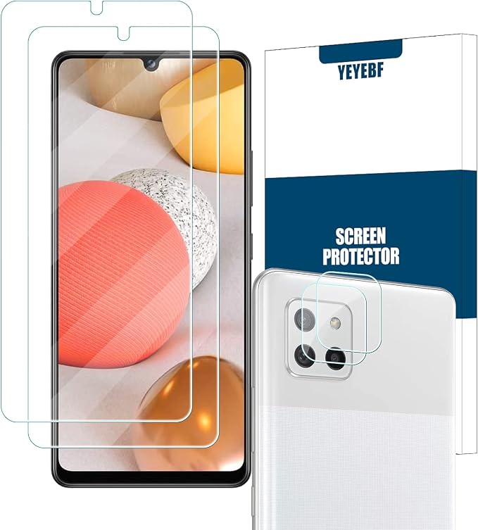 YEBF Samsung Galaxy A42 5G Screen Protector, 2 Pack, HD Clear Tempered Glass, 9H Hardness, Anti-Glare, Bubble-Free, Includes Camera Lens Protectors by YEYEBF