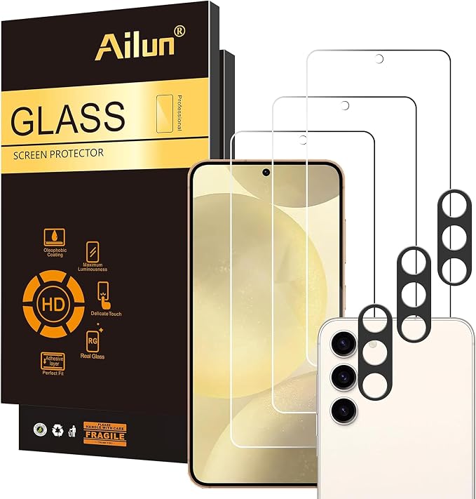 Ailun Screen Protector + Camera Lens Protector for Galaxy S24, 3+3 Pack | Tempered Glass, Fingerprint Unlock Compatible, 0.25mm, Anti-Scratch, Case Friendly, Clear, HD by Ailun