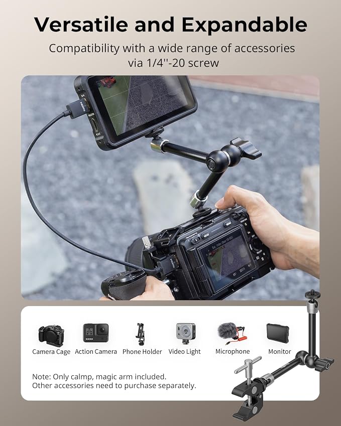 SMALLRIG Clamp w/ 1/4" and 3/8" Thread and 9.8 Inches Adjustable Friction Power Articulating Magic Arm with 1/4" Thread Screw for LCD Monitor/LED Lights - KBUM2732B - Image 5