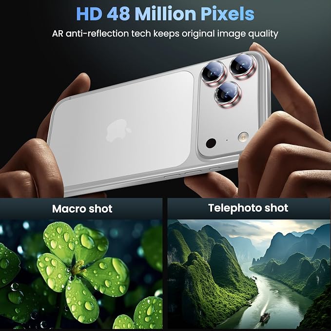Uyiton for iPhone 17/16/15/14 (Pro Max & Pro) Camera Lens Protector | Unique Lines Text Design, Case-Friendly, Military-Grade Sapphire Glass Metal Camera Cover, Easy to Install, Silver+Red - Image 2