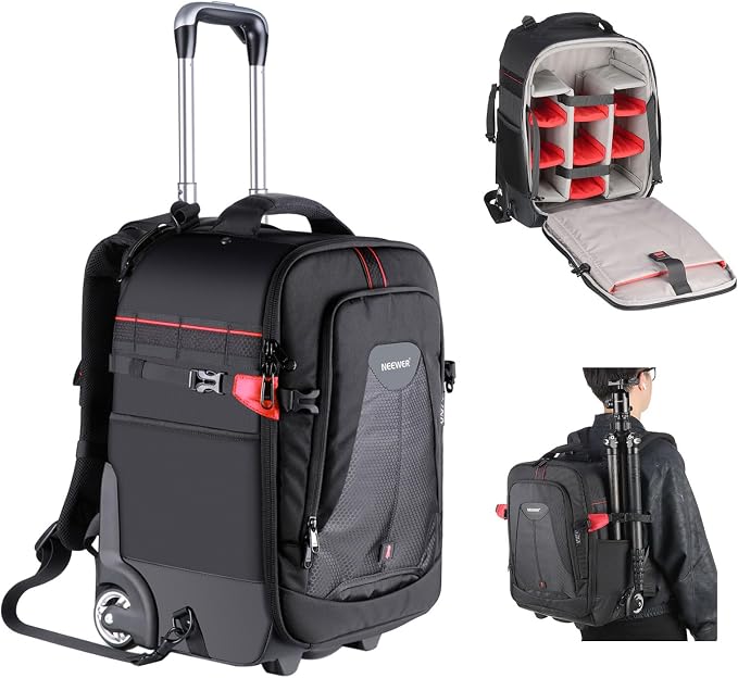 Neewer 2-in-1 Rolling Camera Backpack Trolley Case - Anti-shock Detachable Padded Compartment, Hidden Pull Bar, Durable, Waterproof for Camera,Tripod,Flash Light,Lens,Laptop for Air Travelling(Black) by Neewer