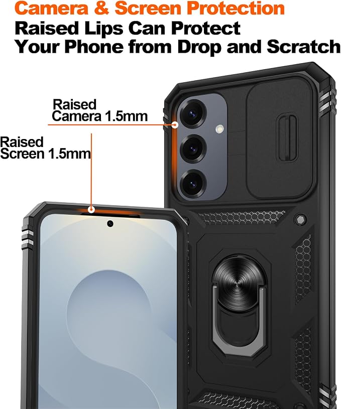 Gritup for Samsung Galaxy S25 Plus Phone Case with Slide Camera Cover | 2 Pack Screen Protector, Build in 360° Rotating Ring Kickstand, Military Grade Shockproof Protective Phone Case, Black - Image 5