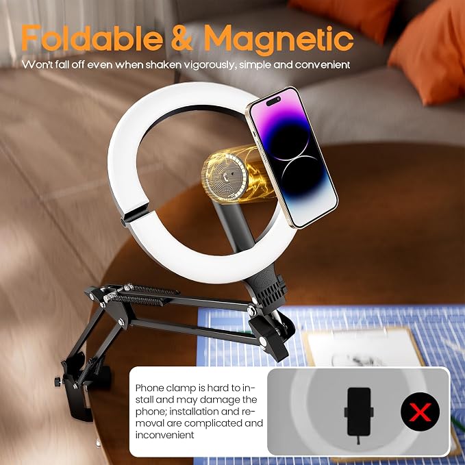 10" Magnetic Ring Light Overhead Camera Phone Mount, XINBAOHONG LED Selfie Light with Stand and Phone Holder, Rechargeable Desk Light for Video Recording - Image 3