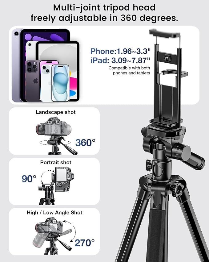 CAMBOFOTO 73" Camera Tripod and Monopod with Horizontal Central Axis | Aluminum Tripod with Sandbag/Phone Holder/Travel Bag, for DSLR/Camcorder/GoPro - Image 6