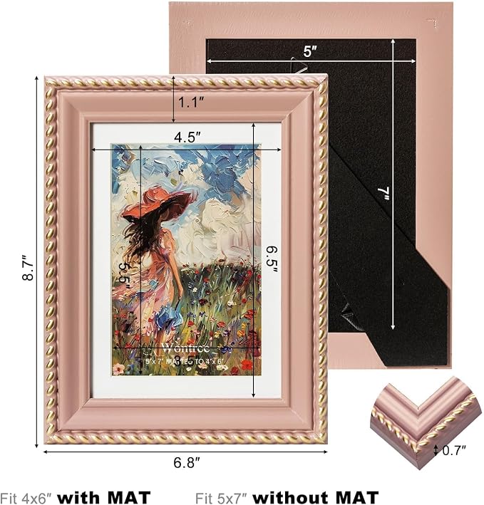 5x7 Picture Frame in Pink with Classic Rope Edge, Solid Wood with Real Glass, Display 5x7 Photos Matted to 4x6, Vertical and Horizontal Desk Tabletop or Wall Hanging - Image 3