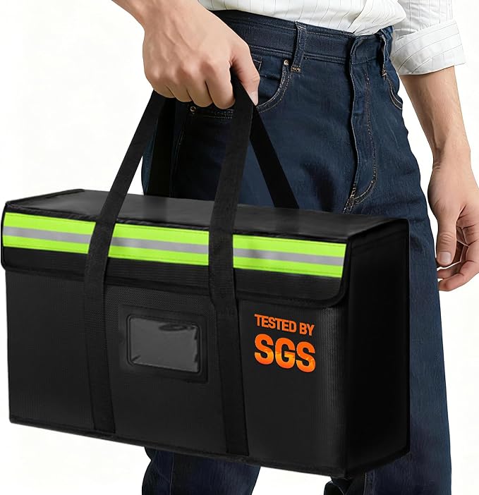 Large Fireproof Document Bag for Home Safe Storage, 15 x 12 x 6in, Black | 2000°F Fireproof document box, 4-layer fiberglass important document storage for photo, file and cash with reflective strip by Amerbro