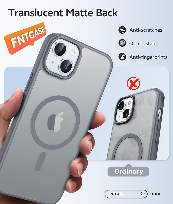 FNTCASE for iPhone 15/14/13 Case, Fit for Magsafe, Glass Screen Protector | Translucent Matte, Magnetic Phone Cases, 14FT Military Grade Drop Protection, Slim Shockproof Protective Cover, Gray - Image 6