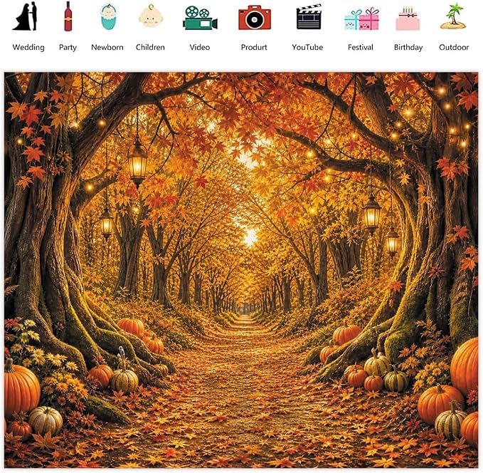 Fall Forest Photo Backdrop 10x8ft Autumn Garden Backdrop for Photography | Fall Pumpkin Maple Leaves Backdrops Wonderland Background for Photoshoot Thanksgiving Party Decorations Photo Booth Props - Image 2
