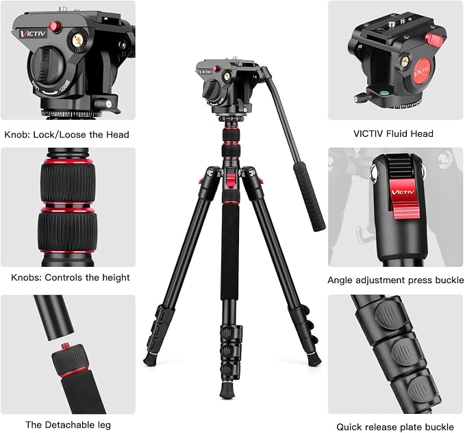 Victiv Video Tripod, 72" Heavy Duty Fluid Head Camera Tripod with Carry Bag | Professional Aluminum Camera Tripod Stand, 2-in-1 Camera Tripods & Monopods, Compatible with Canon, Sony, DSLR, Camcorder - Image 7