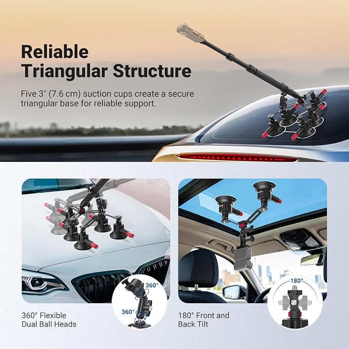 NEEWER 5 in 1 Suction Car Mount Kit Compatible with Insta 360 X5 X4 X3 Insta360 X2 GoPro Max DJI OSMO 360 Action Camera Accessories, Quick Release with Invisible Selfie Stick for Windshield, CA075 - Image 4