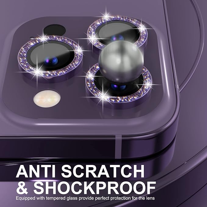 Choiche for iPhone 14 Pro/iPhone 14 Pro Max Camera Lens Protector | Ultra HD, Bling 9H Tempered Glass Camera Cover Screen Protector Metal Ring Decoration Accessories (Glitter-Purple) - Image 3
