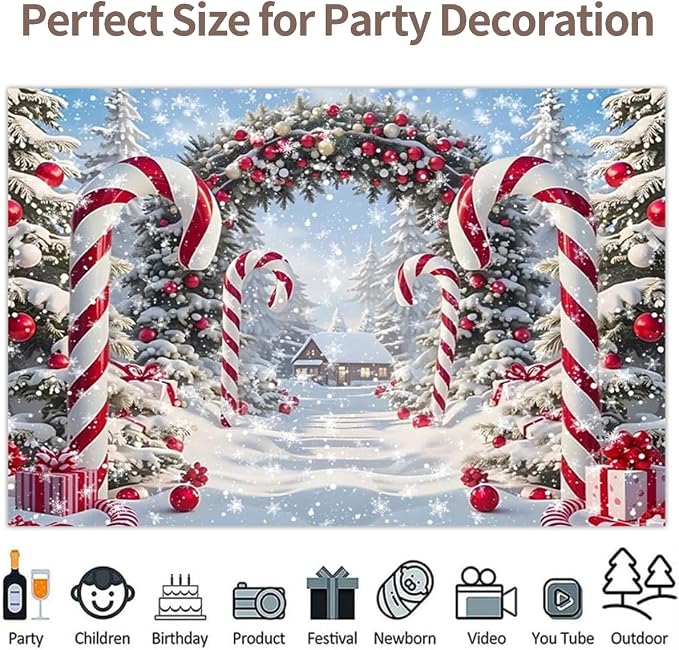Winter Christmas Cane Candy Photography Backdrop 8x4ft Xmas Snow Scene Christmas Tree Background New Year Eve Party Decorations Banner Winter Holiday Photo Studio Props Vinyl - Image 4