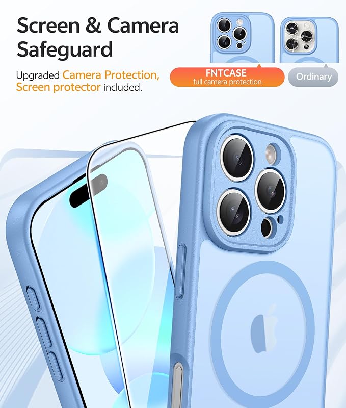 FNTCASE for iPhone 16 Pro Max Case, Fit for Magsafe, Glass Screen Protector | Full Camera Protection, Translucent Matte, 14FT Military Grade Drop Proof, Shockproof Protective Phone Cover, Light Blue - Image 4