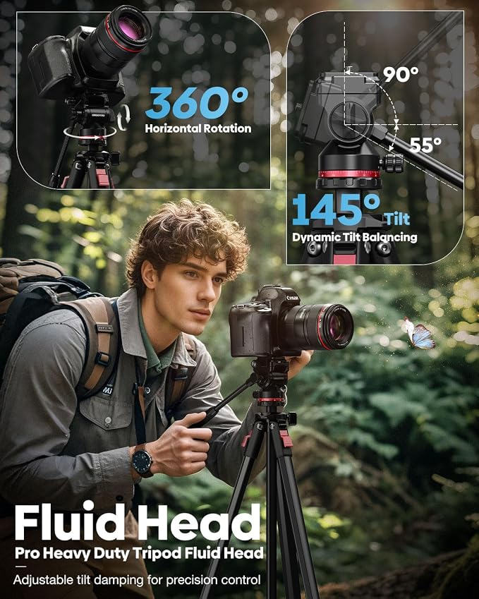 CAMBOFOTO 68" Heavy Duty Tripod, Video Tripod with Fluid Head | Aluminum Camera Tripod, 1/4" Smooth Pan/Tilt Head for DSLR/Camcorders/Binoculars/Spotting Scope/Telescope, Load 8.8lbs - Image 3