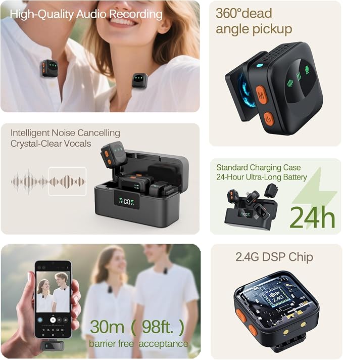 Ai Mini Mic Wireless Lavalier Microphone System (2TX+2RX+Case), Magnetic & Clip-On Microphone for iPhone, Android, Vlogging, Studio-Quality Sound, 48H Battery, Ai Noise Cancelling (Black2) - Image 3