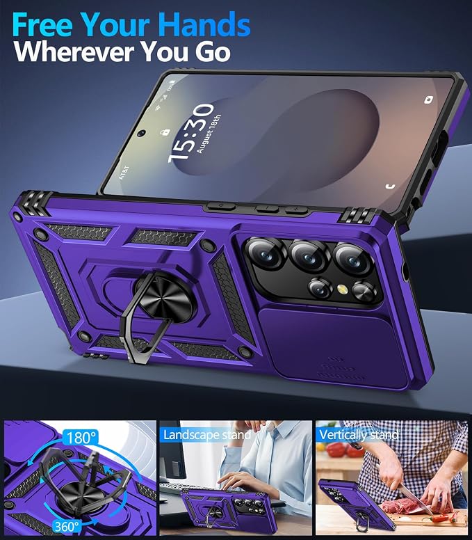 Taisairu for Samsung Galaxy S25 Ultra Case with Screen Protector & Slide Camera Lens Cover, Built-in Magnetic Ring Stand Shockproof Protective Phone Case for Samsung S25 Ultra Case (Purple) - Image 3