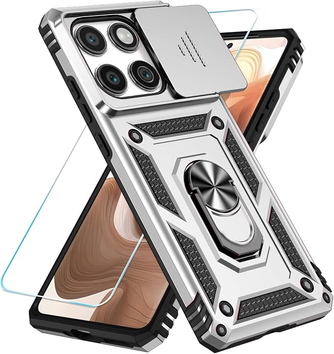 SunStory Compatible with Motorola Moto Edge 2025 Case with HD Screen Protector & Slide Camera Cover & Rotated Ring Kickstand, [Military-Grade] Phone Case for (Silver, Moto Edge 2025) by SunStory
