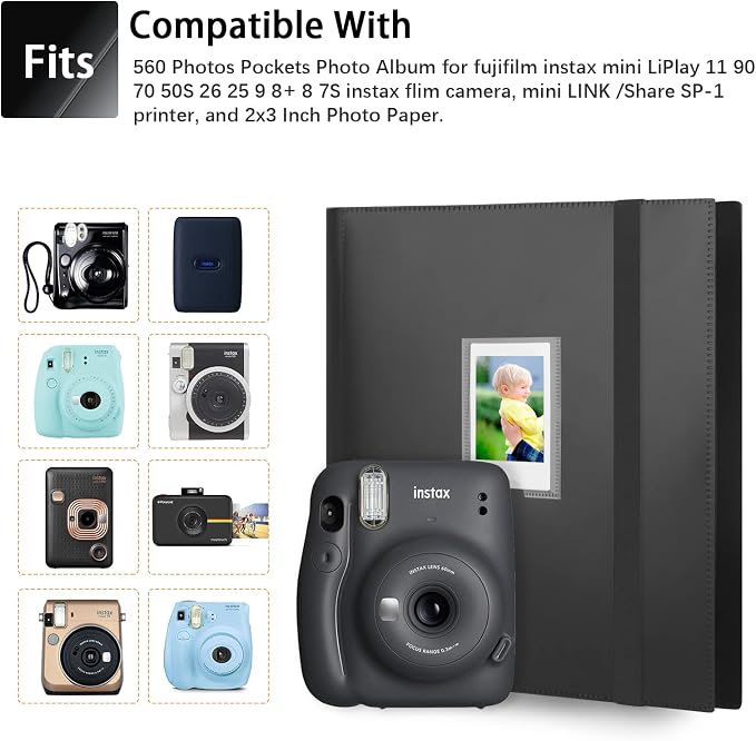 560 Pockets Photo Album for Instax Mini & Polaroid 2x3 Photos, Black | Large Capacity Photo Book, Elastic Band Closure, Safely Holds Your Unique Memories for Secure Storage and Easy Viewing - Image 5