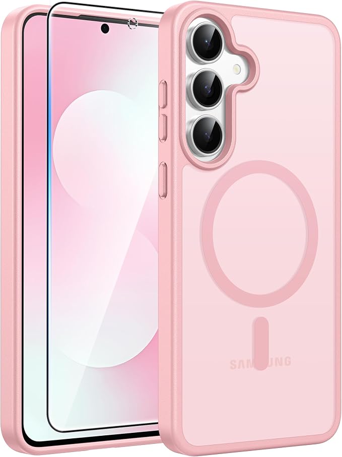FNTCASE for Samsung Galaxy S25 FE Case, Fit for Magsafe, Screen Protector | Translucent Matte Magnetic Back, 14FT Military Grade Drop Protection, Slim Shockproof Protective Phone Cover, Light Pink by FNTCASE