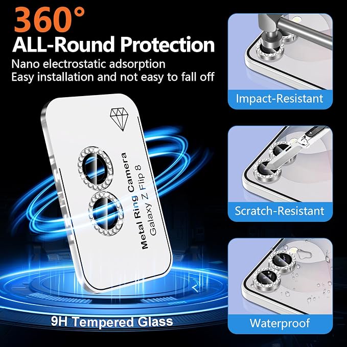 for Samsung Galaxy Z Flip 8 Camera Lens Protector, Individual Metal Ring Tempered Glass Lens Cover, [Strong Adsorption] Scratch Resistant Ultra-Thin HD Clear Lens Cover, 1 Set-Slivery Diamond - Image 2
