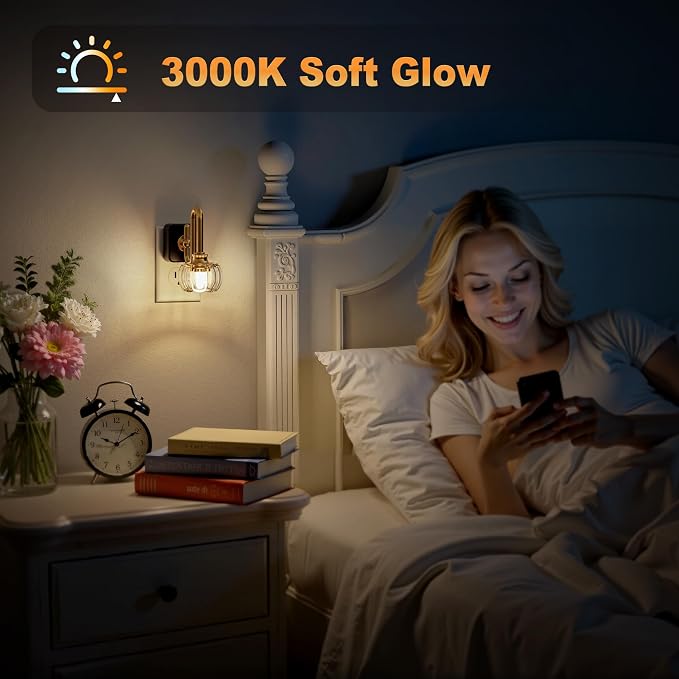 JandCase Night Light, Night Lights Plug into Wall, Glass LED Nightlight | 0-100LM Dimmable Flower Nightlights, Dusk to Dawn Sensor, 1W Vintage Pumpkin Nite Light for Bathroom Hallway Decor, 1 Pack - Image 4