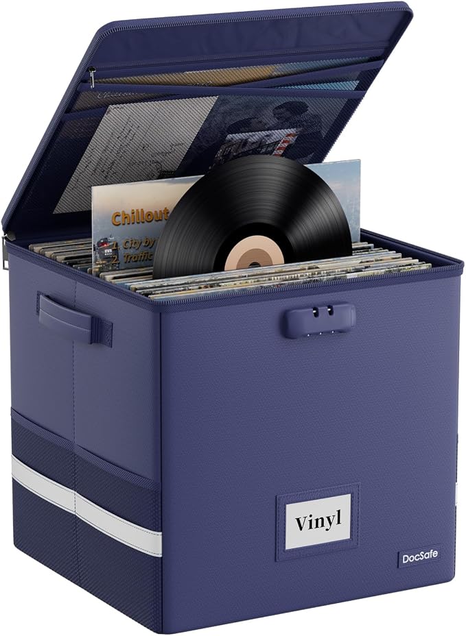 DocSafe Vinyl Record Storage Box with Lock, Fireproof＆Water Resistant Record Organizer for 100+ Single Records(12-inch), Collapsible Storage Crate with Lid&Handles for Valuable Album Collection, Blue by DocSafe