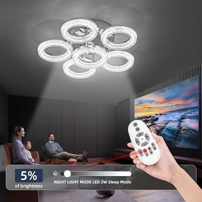 Modern Ceiling Light, 6 Rings 17.7'' Dimmable LED 60W Flush Mount Ceiling Lights with Remote Acrylic Crystal Round Ceiling Light Fixture, Bedroom Living Room Dining Room, Chrome - Image 6