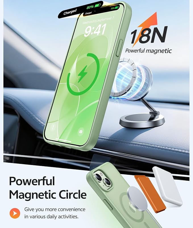 FNTCASE for iPhone 15/14 Plus Case, Fit for Magsafe, Screen Protector | Translucent Matte Magnetic Back, 14FT Military Grade Drop Protection, Shockproof Protective Phone Cover, Light Moss - Image 3