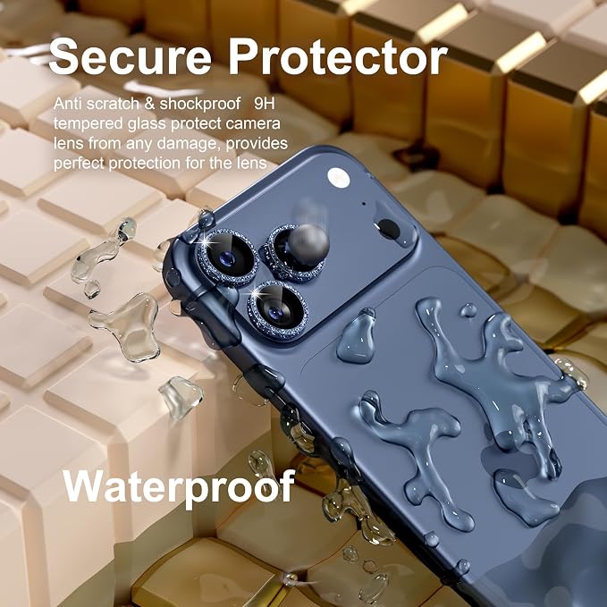 Misea Camera Lens Protector for iPhone 17 Pro Max/17 Pro, Deep Blue Glitter | Bling Upgraded Look, 9H Tempered Glass Individual Metal Camera Cover, Anti-Scratch, for iPhone 17/16/15/14 Pro Max/Pro - Image 3