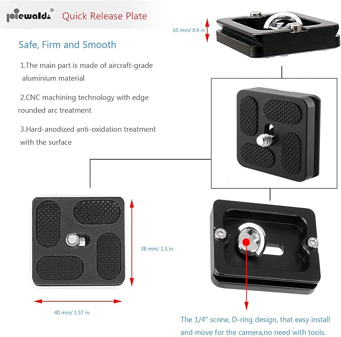 Niewalda PU-40 Aluminum Quick Release Plate with 1/4", 3/8" Mount Screw | Tripod Mounting Plate for SLR Camera Tripod, Includes 1/4" D-Ring Screw/Slotted Screw and 3/8" to 1/4" Mount Screw Adapter - Image 4