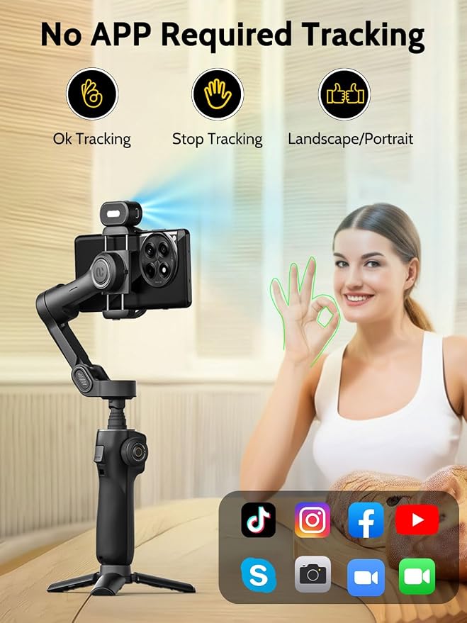 AOCHUAN Gimbal Stabilizer for iPhone with AI Module, No APP(Smart V8 AI) | Phone Gimbal with Face Tracking, Built-in 7.8 Ft Extension Rod, Ideal for Tiktok, and Hands-Free Content Creation(Black) - Image 2