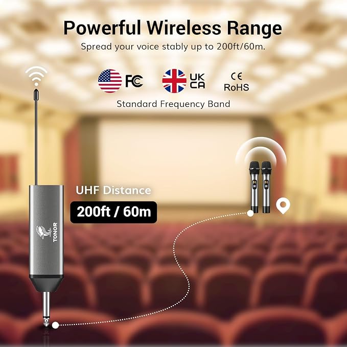 TONOR Wireless Microphone, 2 * 15 Channel Dual UHF Metal Cordless Handheld Mic System with Rechargeable Receiver, for Karaoke, Singing, Party, Wedding, DJ, Speech, 200ft, Silver, 2Mics - Image 3