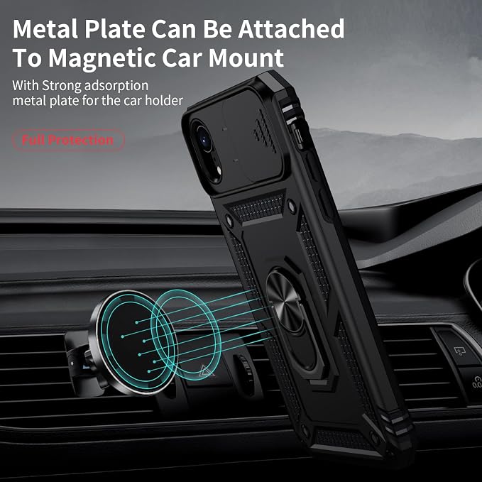 for iPhone XR Case with Camera Lens Cover, HD Screen Protector, 10 FT Military Grade Drop Protection, Magnetic Ring Holder Kickstand Protective Phone Case, Black - Image 2