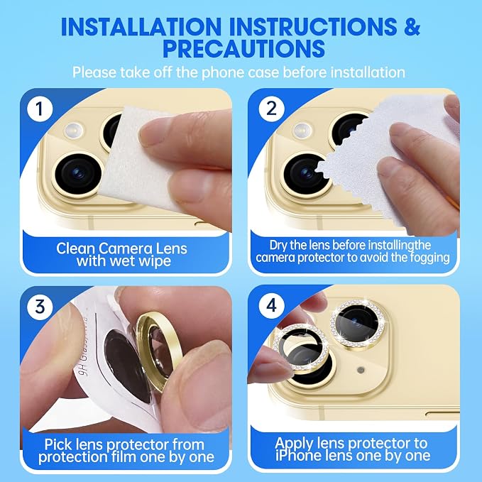 for iPhone 15/15 Plus Camera Lens Protector Bling Diamond, Yellow | Individual Metal, 9H Hardness, Scratch Resistant, Shockproof, Drop Protection, Case Friendly, Stylish Accessories - Image 6