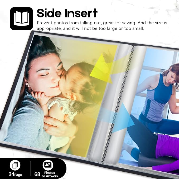 Aevdor 8x10 Photo Album 2 Pack, 68 Photos Each, Plastic Cover, Black | Lightweight Plastic Cover, Elastic Closure, Clear Pockets for Photos, Artwork, Portraits, Certificates & Sketches - Image 6