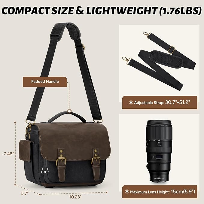 RAINSMORE Camera Bag, Vintage Canvas Camera Sling Bag Crossbody Camera Case | Water-resistant DSLR SLR Mirrorless Camera Bag for Photographer with Rain Cover & Tripod Holder for Sony Canon Nikon Fujifilm - Image 6