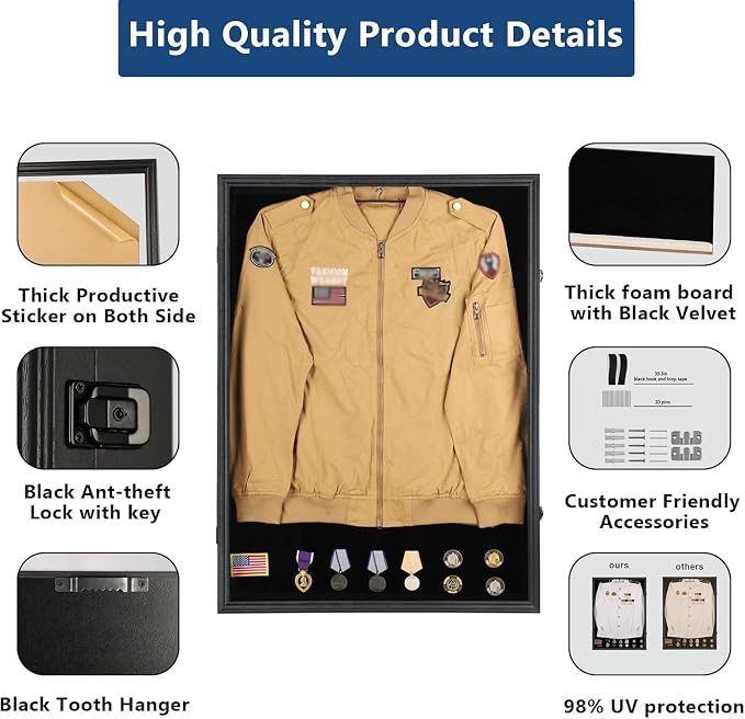 Military Police Uniform Display Case-Velvet Backplate-Black | Lockable Wall Mount Cabinet with UV Protection, wall Mount,Shatterproof Plexiglass，Also applicable to medals,certificates - Image 5