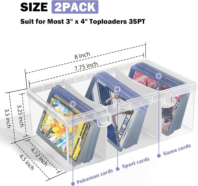 Trading Card Storage Box with 2 Dividers,Toploads Storage Box Plastic Baseball Card Storage Box for 500+ Sports Cards 100+ Top Loads for MTG Magic TCG Yugioh Playing Card Case Holder (2 Pack) - Image 2