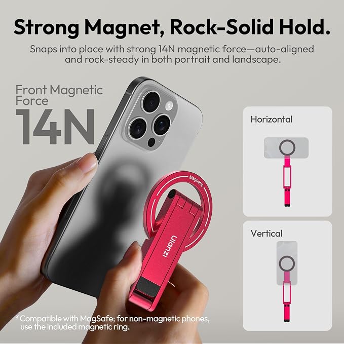 ULANZI MA60 Phone Tripod for Magsafe, Aluminium Mini Phone Stand Red | Pocket Size Cell Phone Stand, Foldable Selfie Stick for iPhone, Strong Magnet Quick Mount for iPhone 16 15 14 13 12 - Image 4